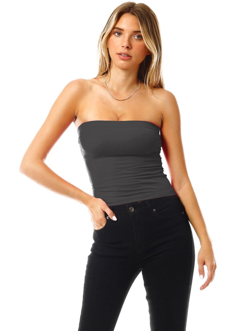 MixMatchy Women's Solid Casual Summer Side Shirring Scrunched Double Layered Tube Top 3PACK - Black/Charcoal/White L - Image 2